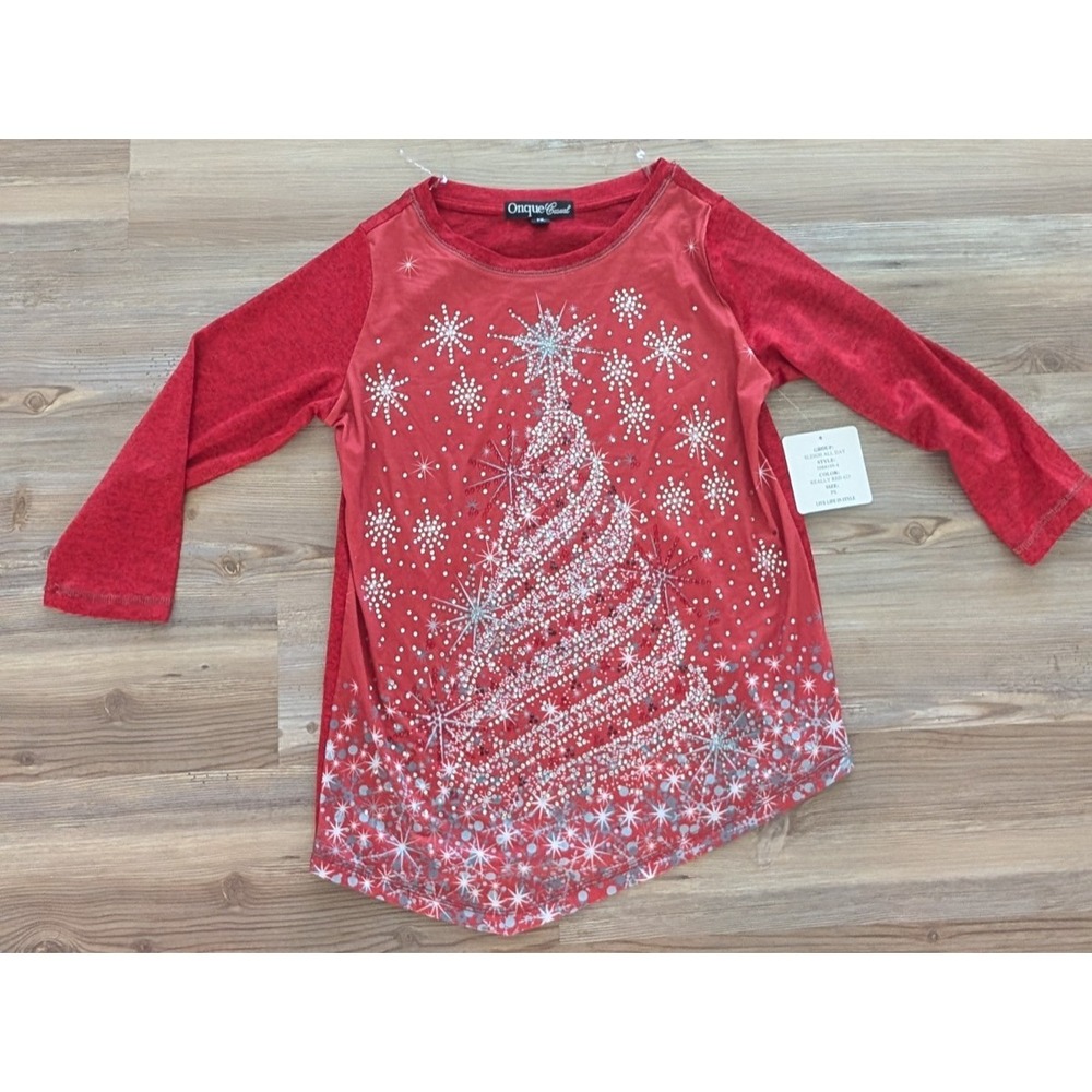 Onque Woman Holiday Sequin Sparkle Christmas Tree Shirt Top Size PS RED NEW NWT
